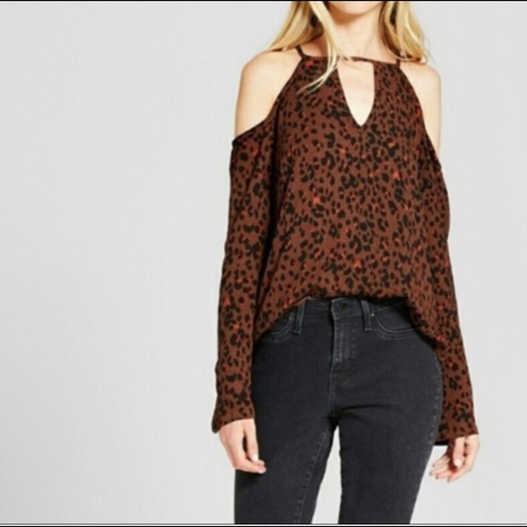 Mossimo Animal Print Leopard Cold Shoulder Top Rust Chocolate Brown Red Pink Med - Picture 2 of 8